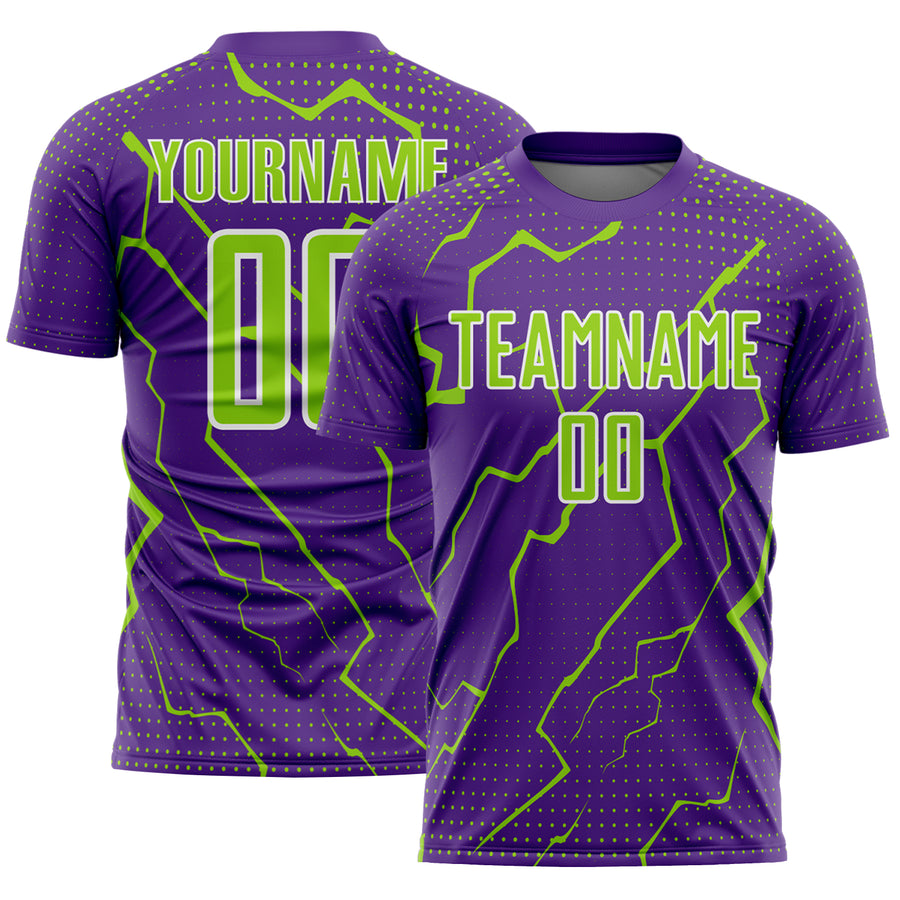 Custom Purple Neon Green-White Lightning Sports Sublimation Soccer Uniform Jersey
