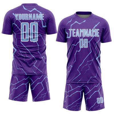 Custom Purple Light Blue-White Lightning Sports Sublimation Soccer Uniform Jersey