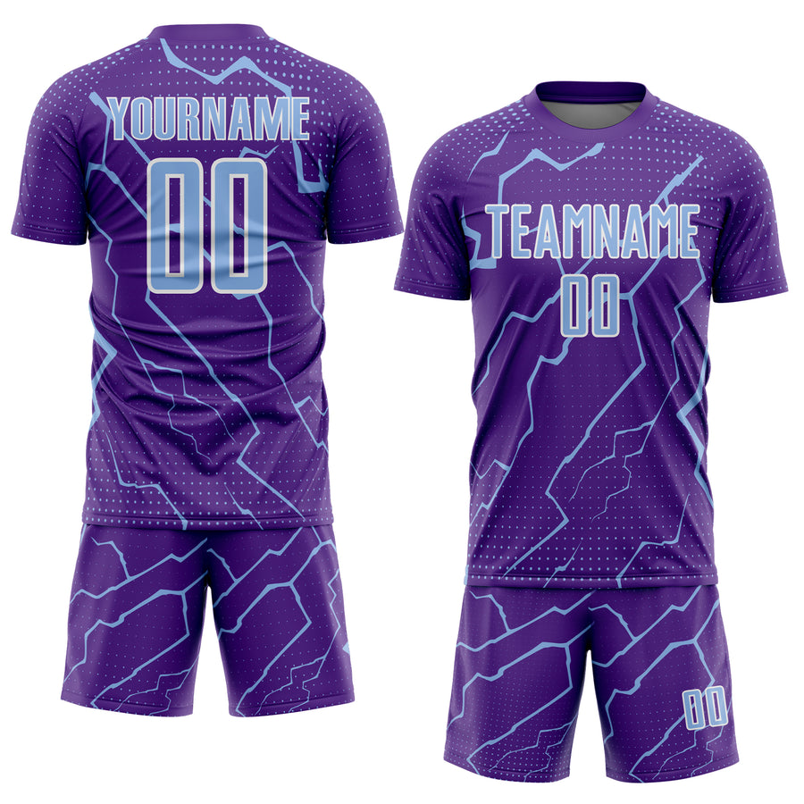 Custom Purple Light Blue-White Lightning Sports Sublimation Soccer Uniform Jersey