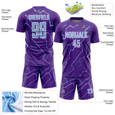 Custom Purple Light Blue-White Lightning Sports Sublimation Soccer Uniform Jersey
