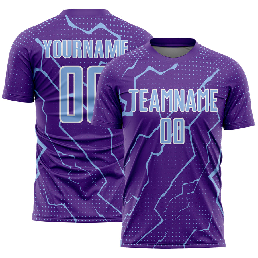 Custom Purple Light Blue-White Lightning Sports Sublimation Soccer Uniform Jersey