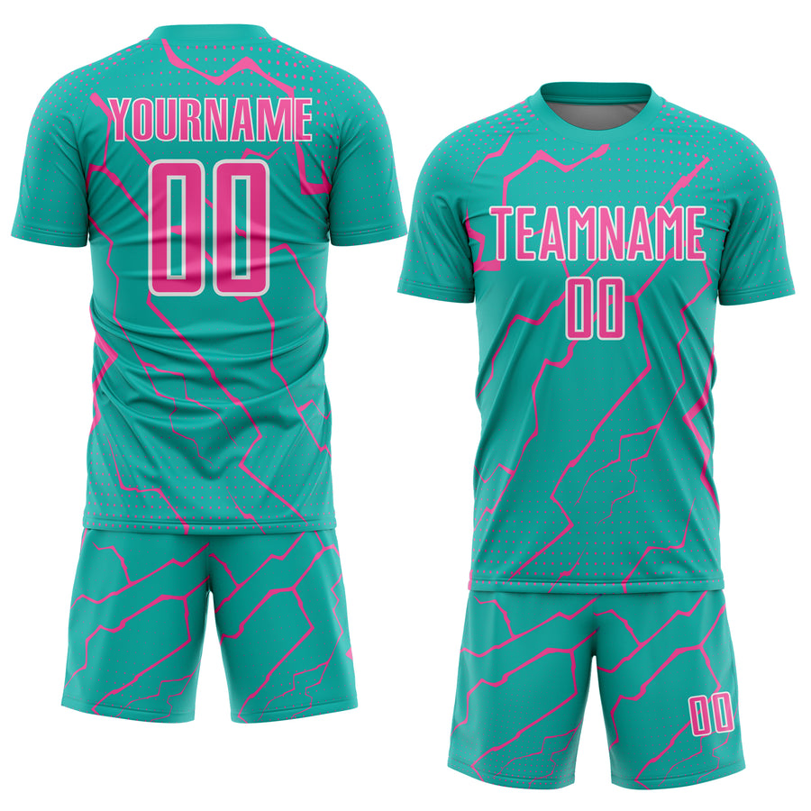 Custom Aqua Pink-White Lightning Sports Sublimation Soccer Uniform Jersey