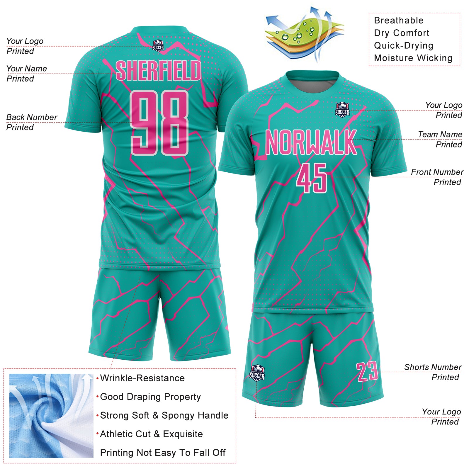 Custom Aqua Pink-White Lightning Sports Sublimation Soccer Uniform Jersey