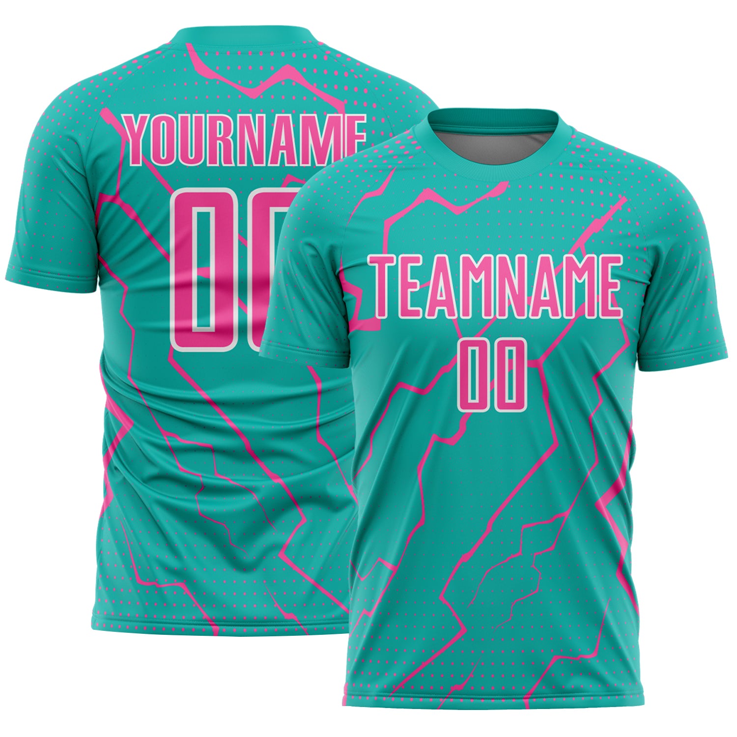 Custom Aqua Pink-White Lightning Sports Sublimation Soccer Uniform Jersey