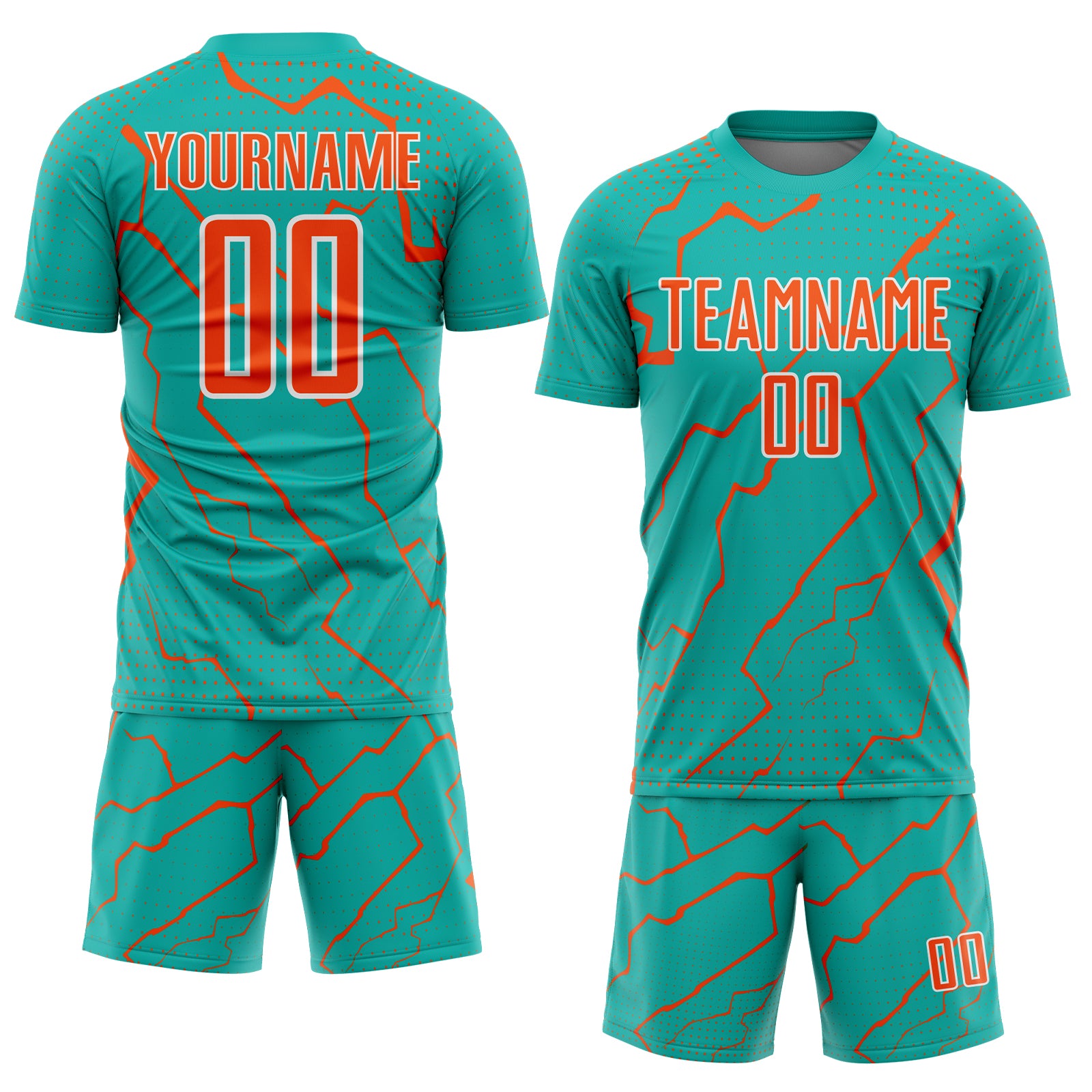 Custom Aqua Orange-White Lightning Sports Sublimation Soccer Uniform Jersey