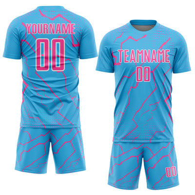 Custom Sky Blue Pink-White Lightning Sports Sublimation Soccer Uniform Jersey