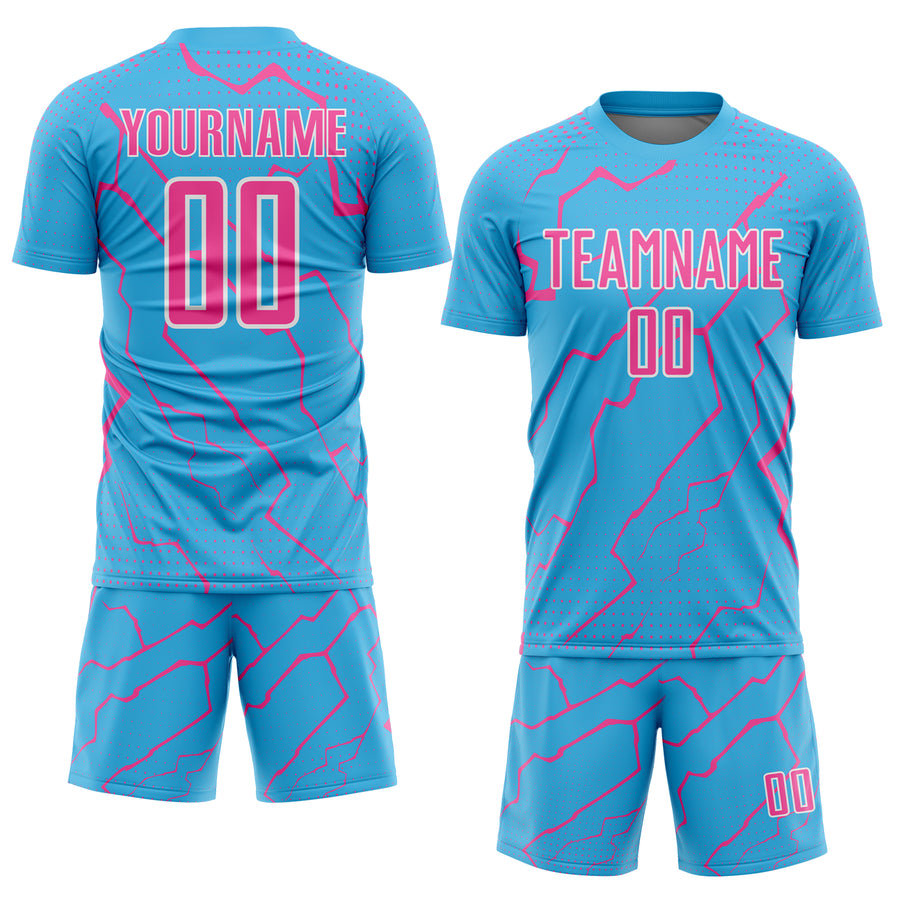 Custom Sky Blue Pink-White Lightning Sports Sublimation Soccer Uniform Jersey