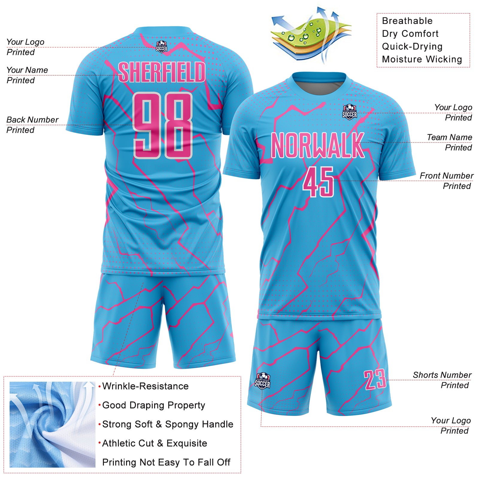 Custom Sky Blue Pink-White Lightning Sports Sublimation Soccer Uniform Jersey