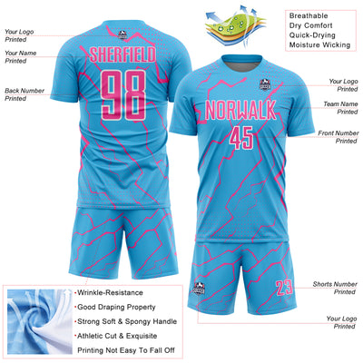 Custom Sky Blue Pink-White Lightning Sports Sublimation Soccer Uniform Jersey