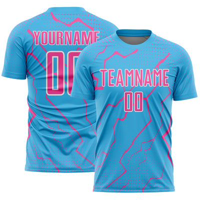 Custom Sky Blue Pink-White Lightning Sports Sublimation Soccer Uniform Jersey