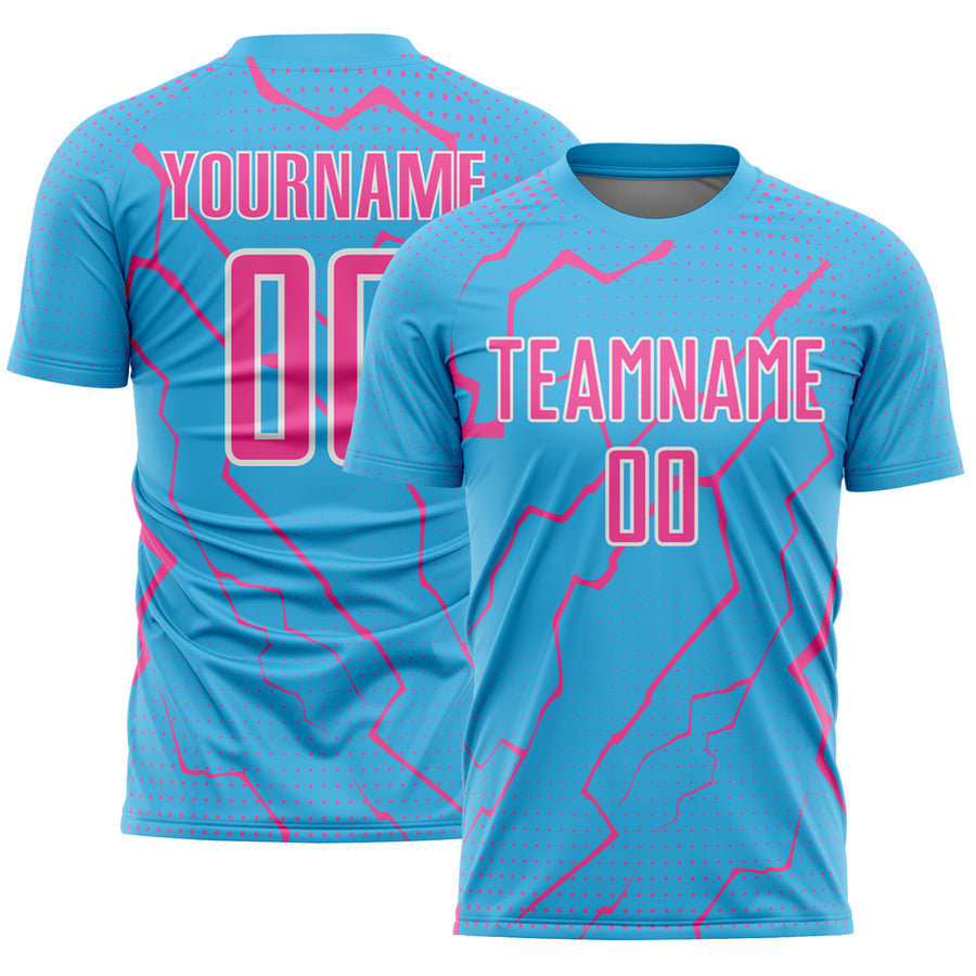 Custom Sky Blue Pink-White Lightning Sports Sublimation Soccer Uniform Jersey