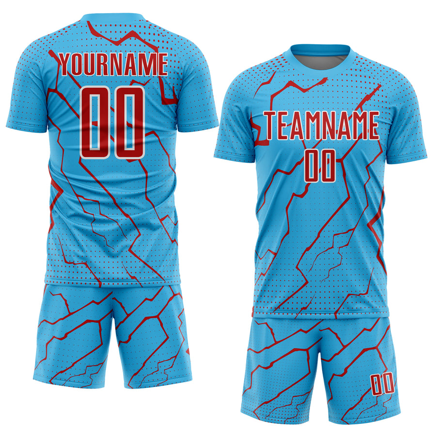 Custom Sky Blue Red-White Lightning Sports Sublimation Soccer Uniform Jersey