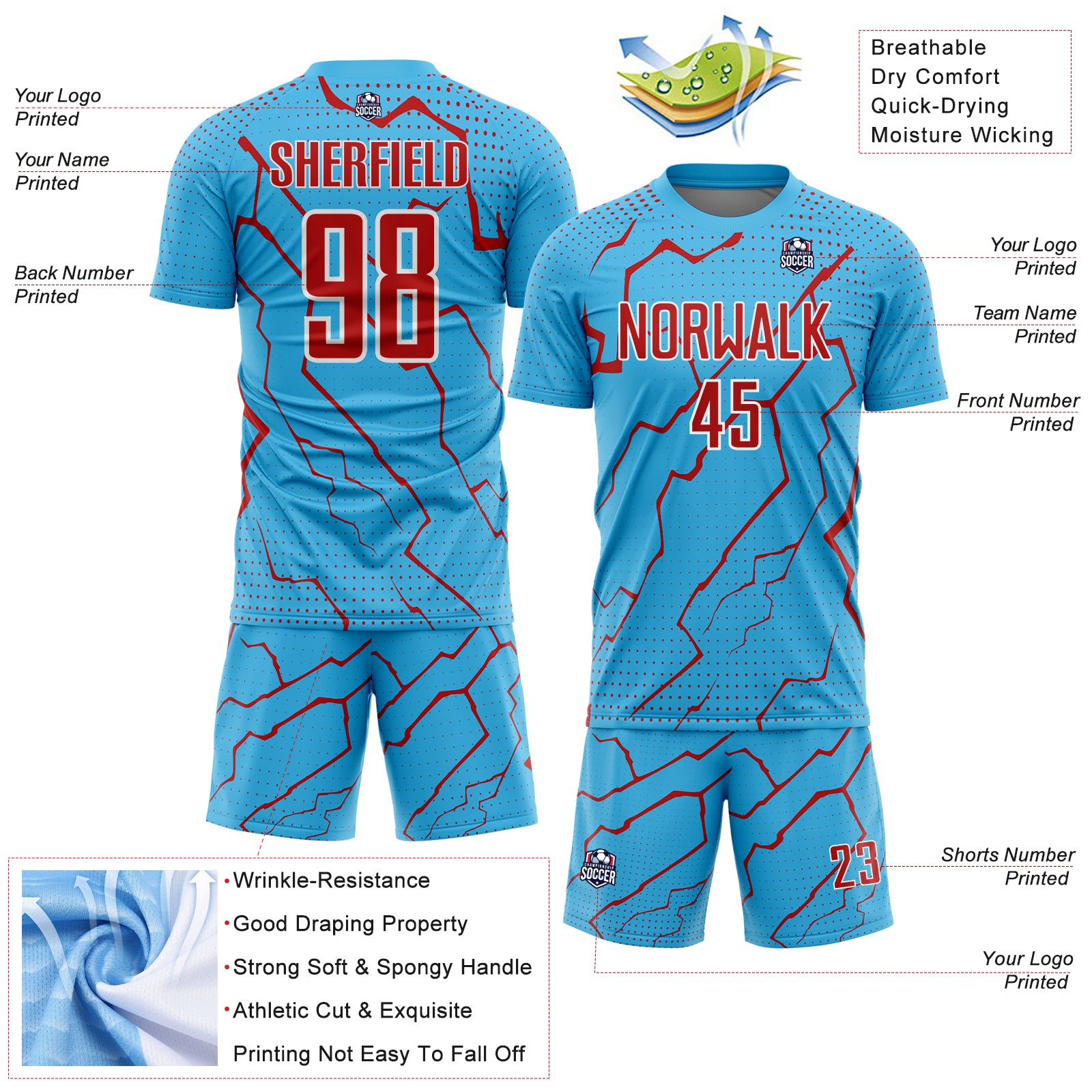 Custom Sky Blue Red-White Lightning Sports Sublimation Soccer Uniform Jersey