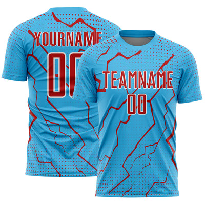 Custom Sky Blue Red-White Lightning Sports Sublimation Soccer Uniform Jersey