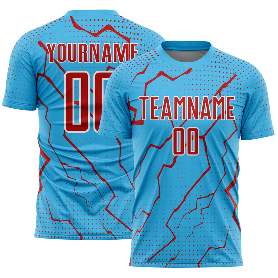 Custom Sky Blue Red-White Lightning Sports Sublimation Soccer Uniform Jersey