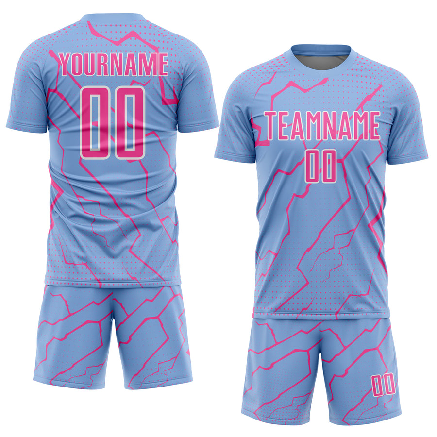 Custom Light Blue Pink-White Lightning Sports Sublimation Soccer Uniform Jersey