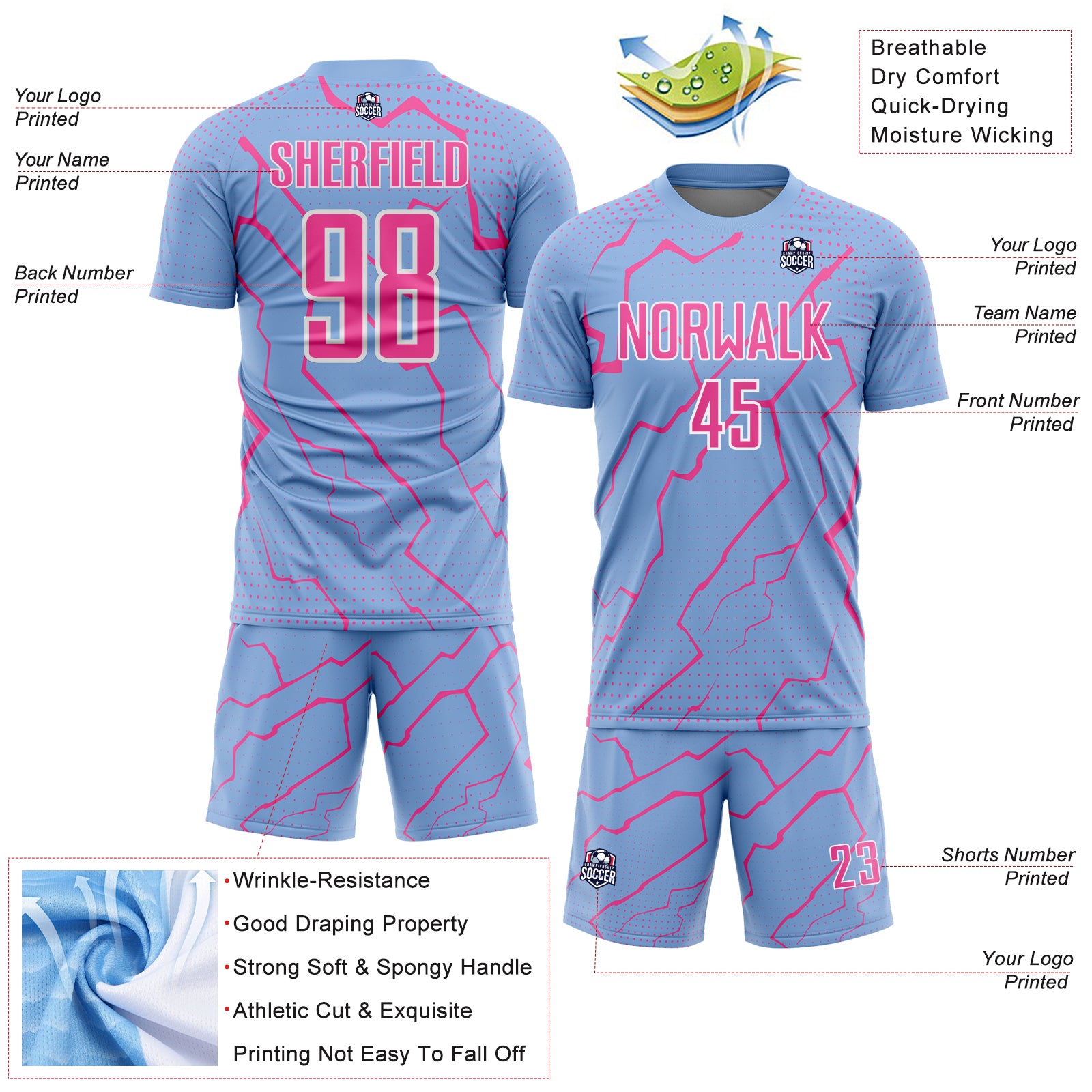 Custom Light Blue Pink-White Lightning Sports Sublimation Soccer Uniform Jersey