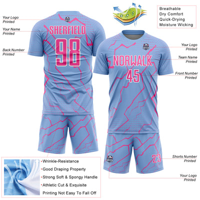 Custom Light Blue Pink-White Lightning Sports Sublimation Soccer Uniform Jersey