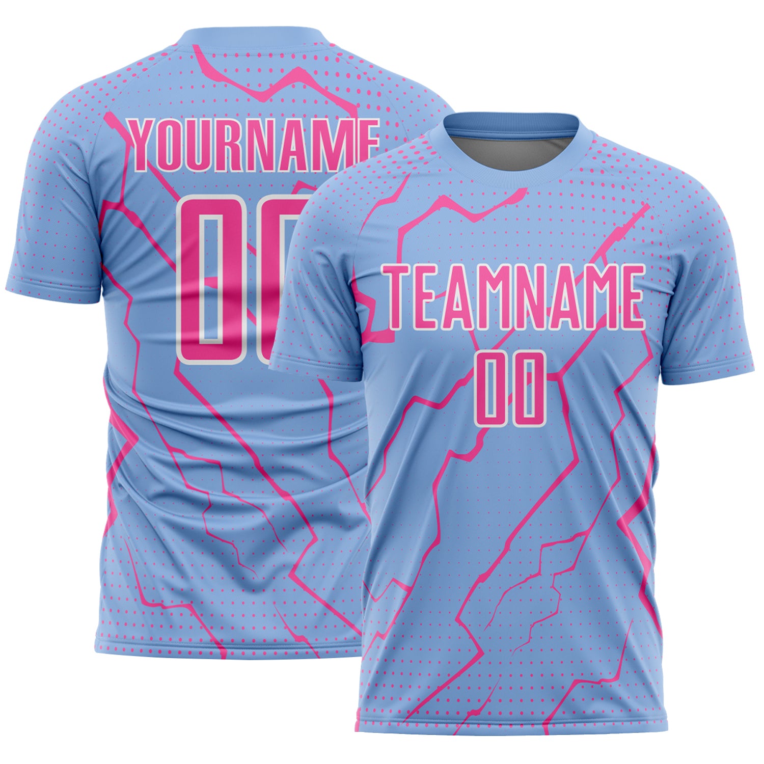 Custom Light Blue Pink-White Lightning Sports Sublimation Soccer Uniform Jersey