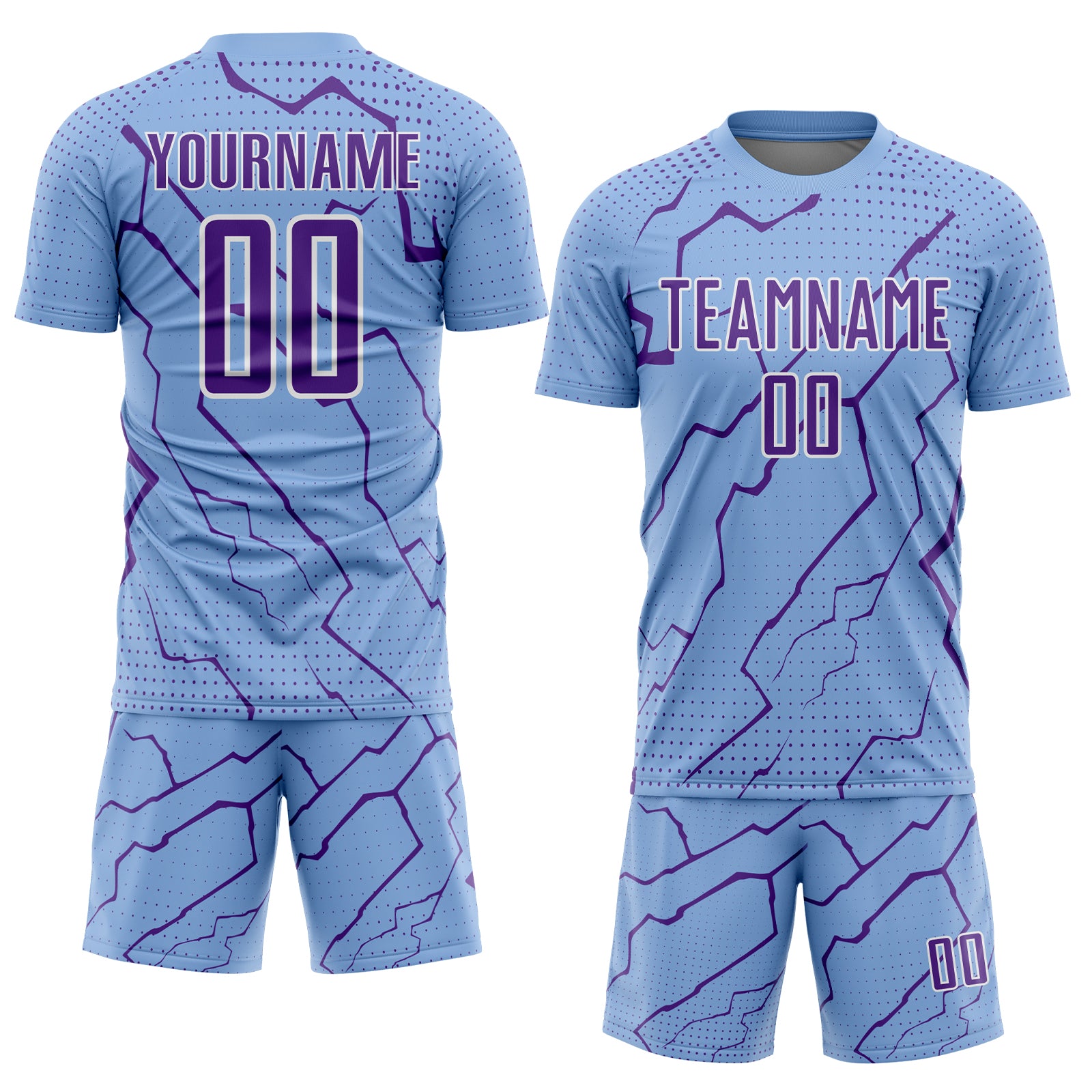 Custom Light Blue Purple-White Lightning Sports Sublimation Soccer Uniform Jersey