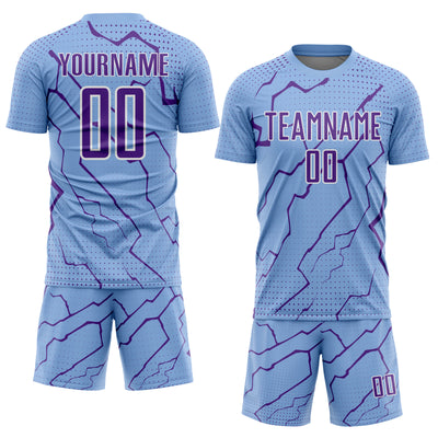 Custom Light Blue Purple-White Lightning Sports Sublimation Soccer Uniform Jersey
