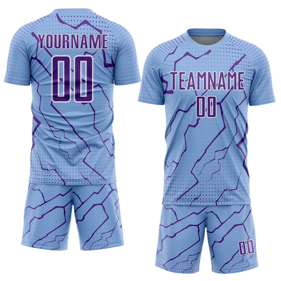 Custom Light Blue Purple-White Lightning Sports Sublimation Soccer Uniform Jersey