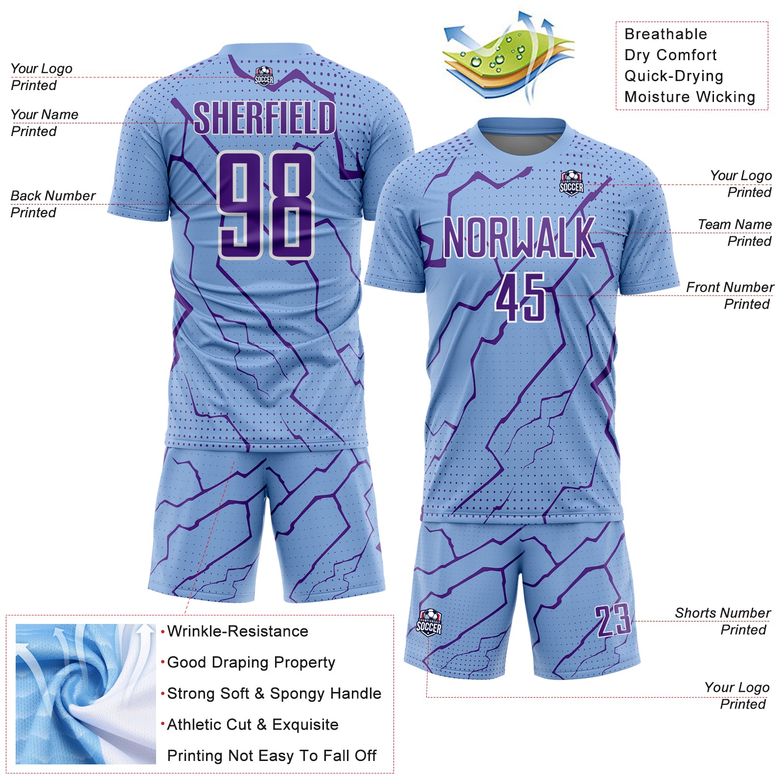 Custom Light Blue Purple-White Lightning Sports Sublimation Soccer Uniform Jersey