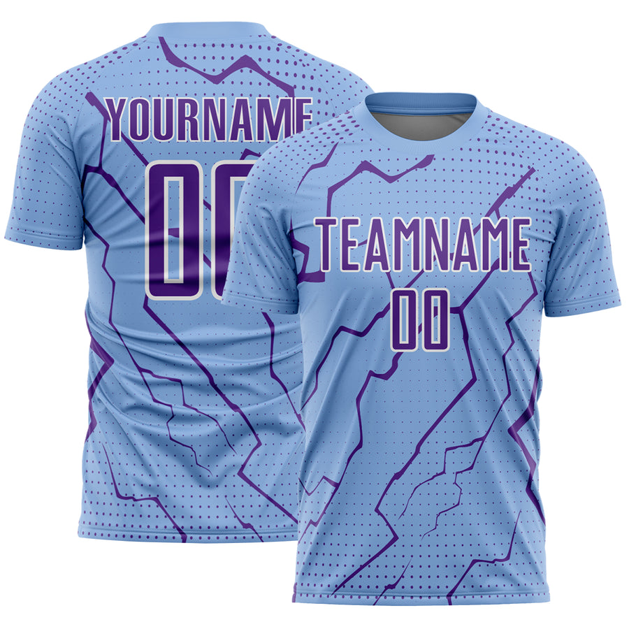 Custom Light Blue Purple-White Lightning Sports Sublimation Soccer Uniform Jersey