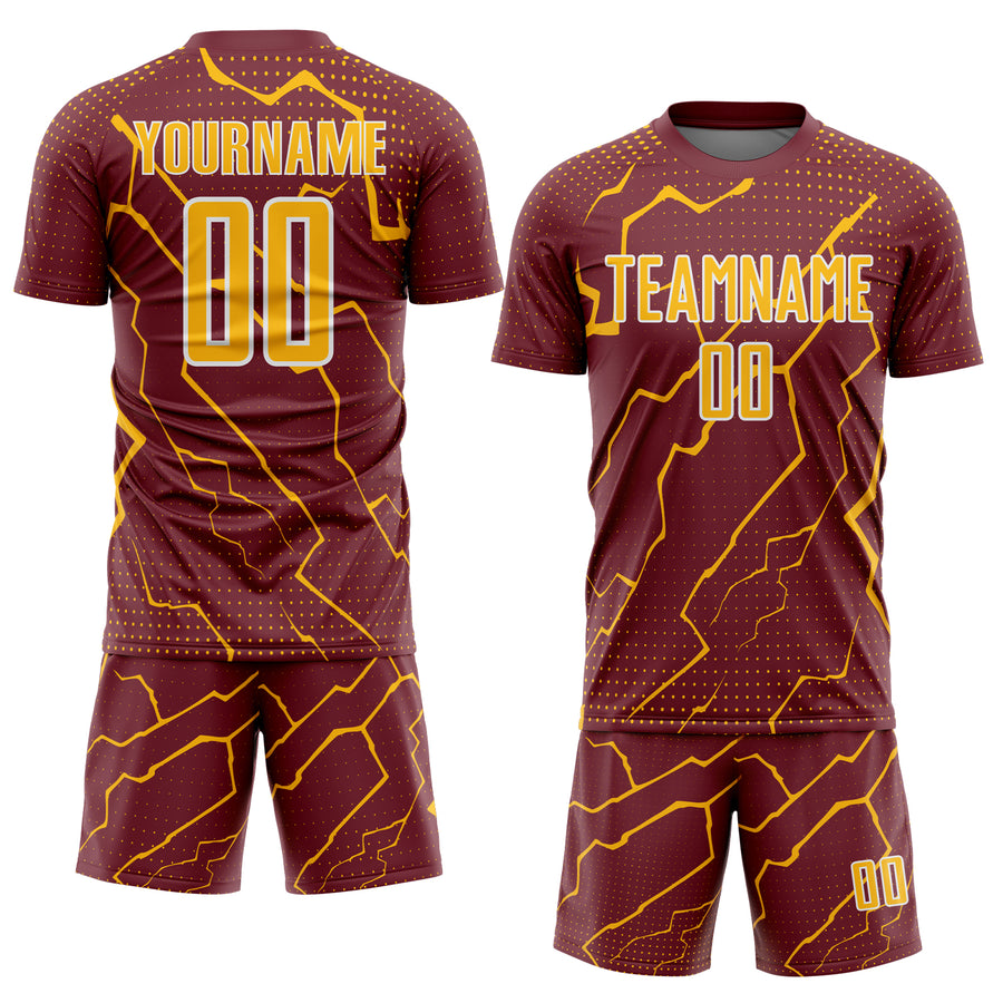 Custom Burgundy Gold-White Lightning Sports Sublimation Soccer Uniform Jersey
