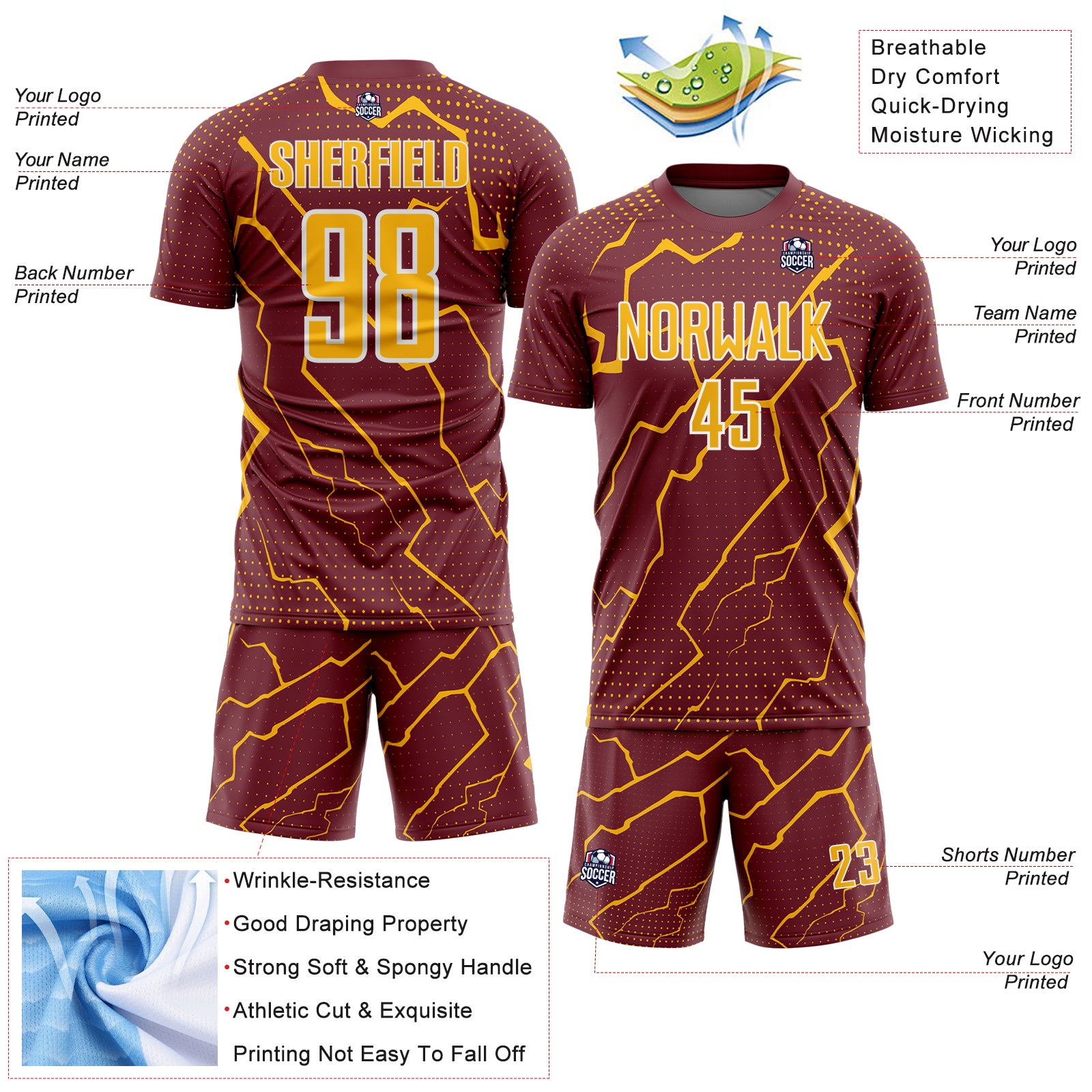 Custom Burgundy Gold-White Lightning Sports Sublimation Soccer Uniform Jersey
