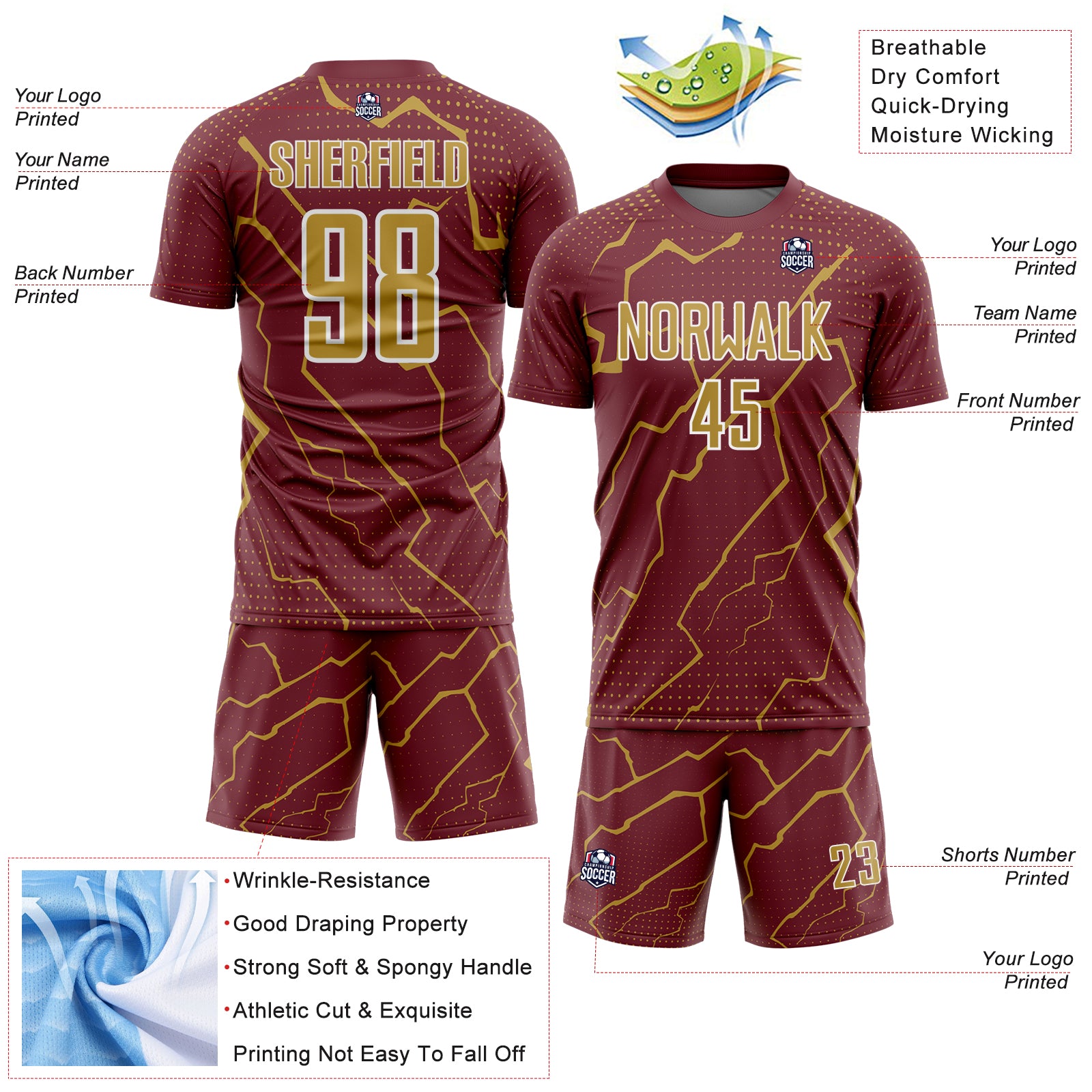 Custom Burgundy Old Gold-White Lightning Sports Sublimation Soccer Uniform Jersey