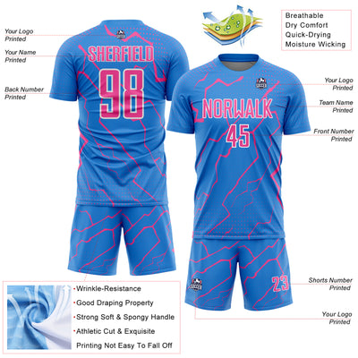 Custom Powder Blue Pink-White Lightning Sports Sublimation Soccer Uniform Jersey