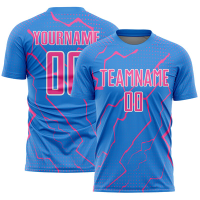 Custom Powder Blue Pink-White Lightning Sports Sublimation Soccer Uniform Jersey
