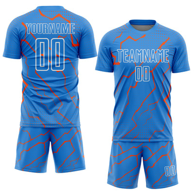 Custom Powder Blue Orange-White Lightning Sports Sublimation Soccer Uniform Jersey