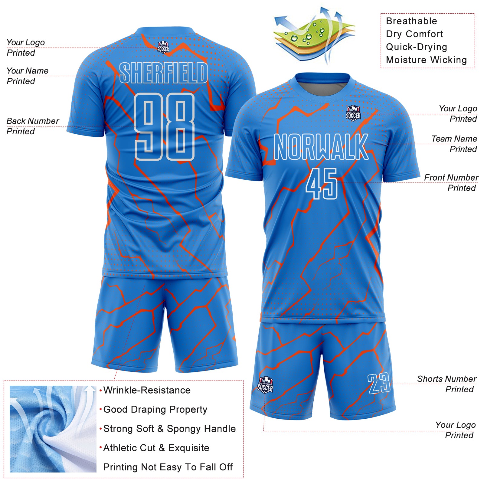 Custom Powder Blue Orange-White Lightning Sports Sublimation Soccer Uniform Jersey