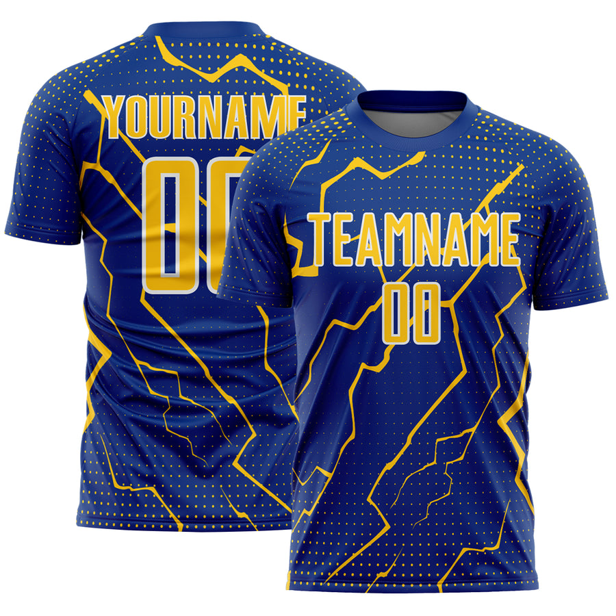 Custom Royal Yellow-White Lightning Sports Sublimation Soccer Uniform Jersey