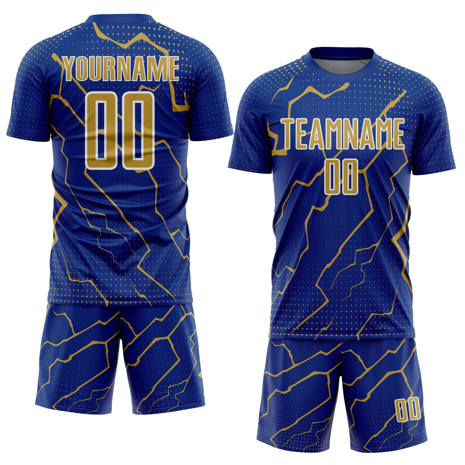 Custom Royal Old Gold-White Lightning Sports Sublimation Soccer Uniform Jersey