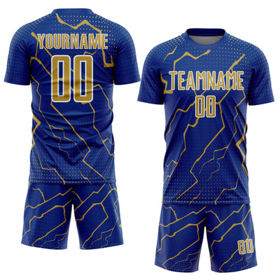Custom Royal Old Gold-White Lightning Sports Sublimation Soccer Uniform Jersey