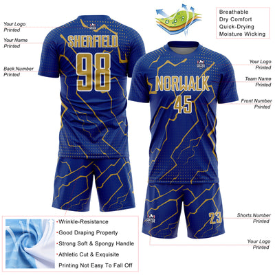 Custom Royal Old Gold-White Lightning Sports Sublimation Soccer Uniform Jersey