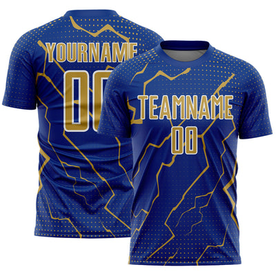 Custom Royal Old Gold-White Lightning Sports Sublimation Soccer Uniform Jersey