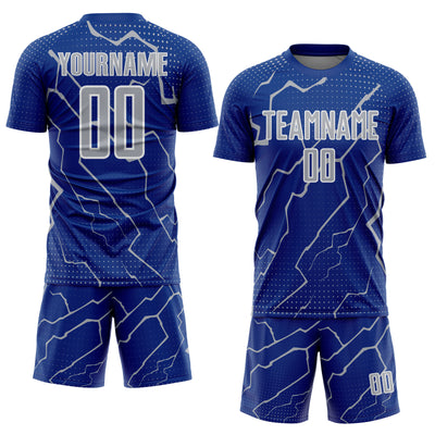 Custom Royal Gray-White Lightning Sports Sublimation Soccer Uniform Jersey