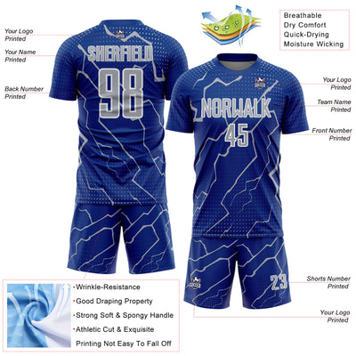 Custom Royal Gray-White Lightning Sports Sublimation Soccer Uniform Jersey