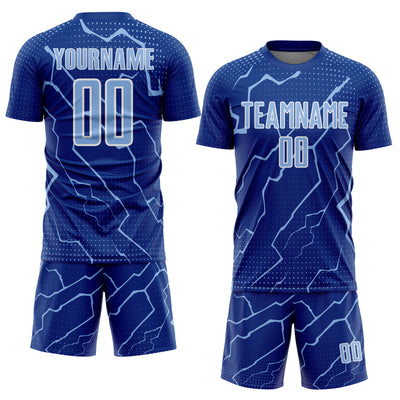 Custom Royal Light Blue-White Lightning Sports Sublimation Soccer Uniform Jersey