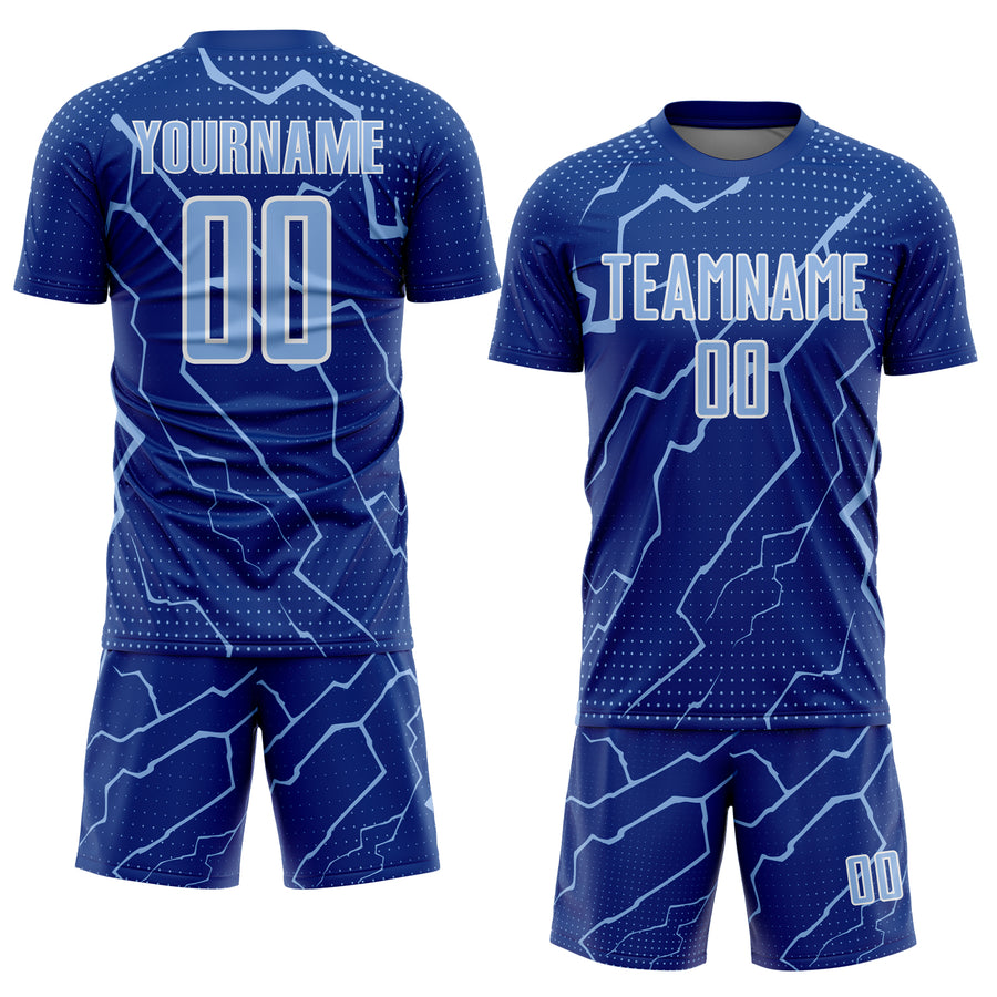 Custom Royal Light Blue-White Lightning Sports Sublimation Soccer Uniform Jersey