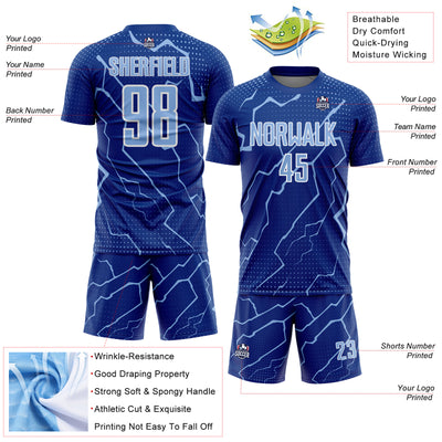 Custom Royal Light Blue-White Lightning Sports Sublimation Soccer Uniform Jersey