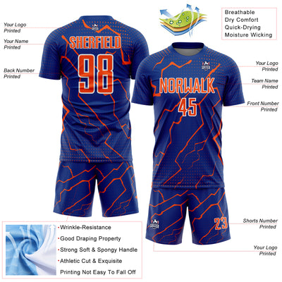 Custom Royal Orange-White Lightning Sports Sublimation Soccer Uniform Jersey