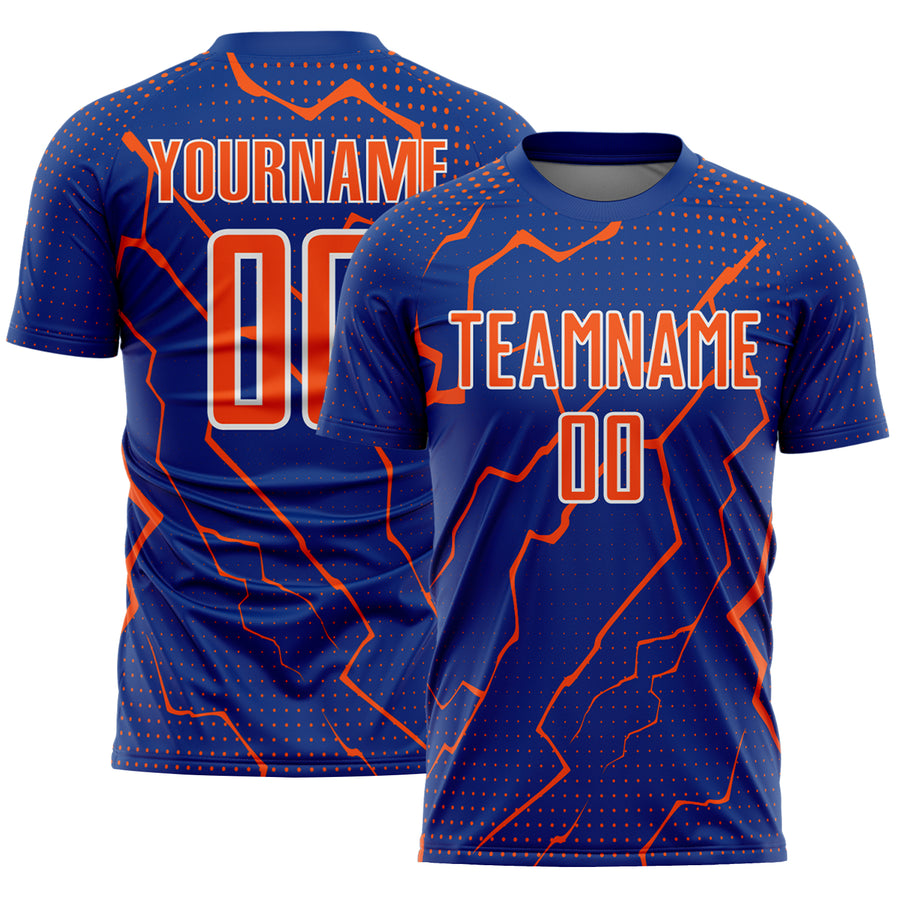 Custom Royal Orange-White Lightning Sports Sublimation Soccer Uniform Jersey