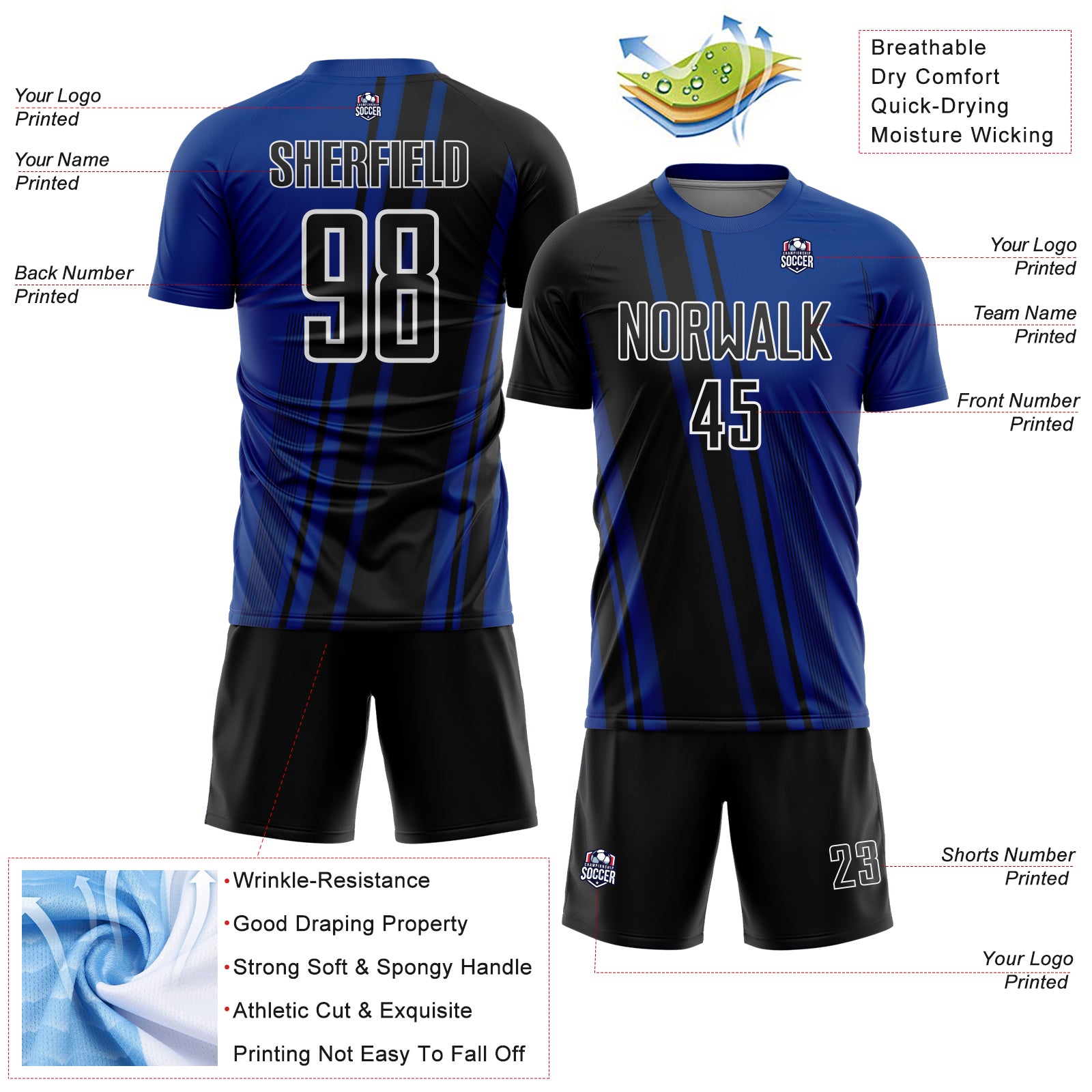 Custom Royal Black-White Lines Sports Sublimation Soccer Uniform Jersey