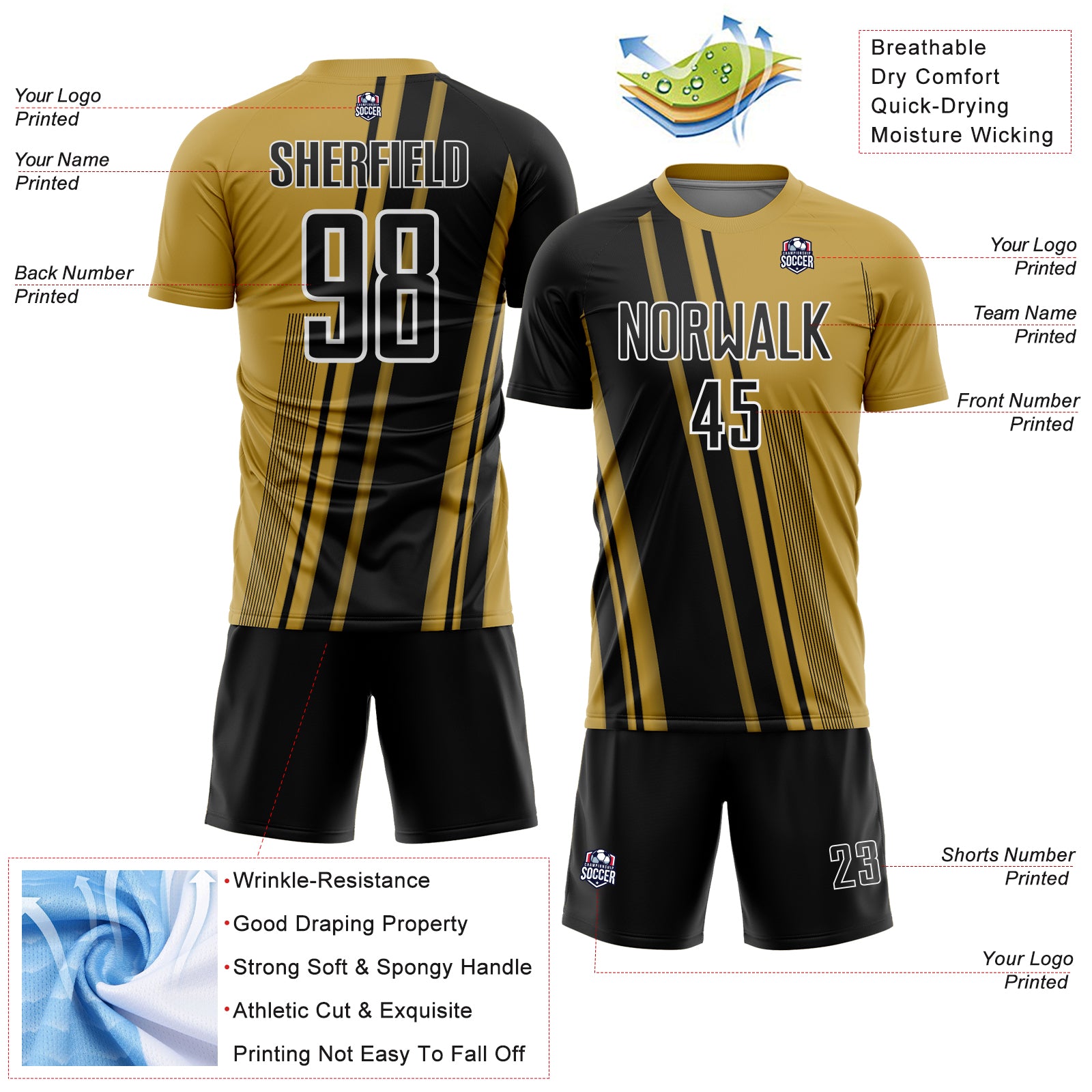 Custom Old Gold Black-White Lines Sports Sublimation Soccer Uniform Jersey