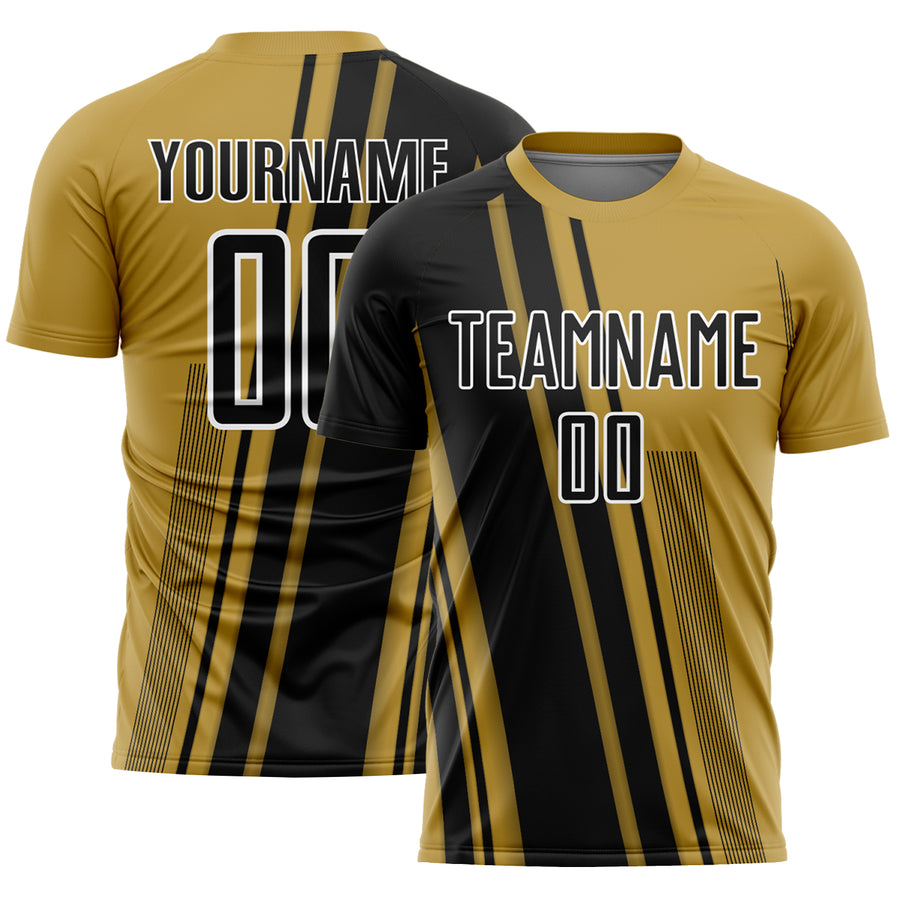 Custom Old Gold Black-White Lines Sports Sublimation Soccer Uniform Jersey